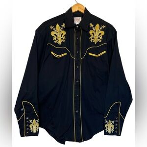 Tru-West Rockmount Ranch Wear Vintage M Fleur De Lis Gold Pearl Snap Shirt